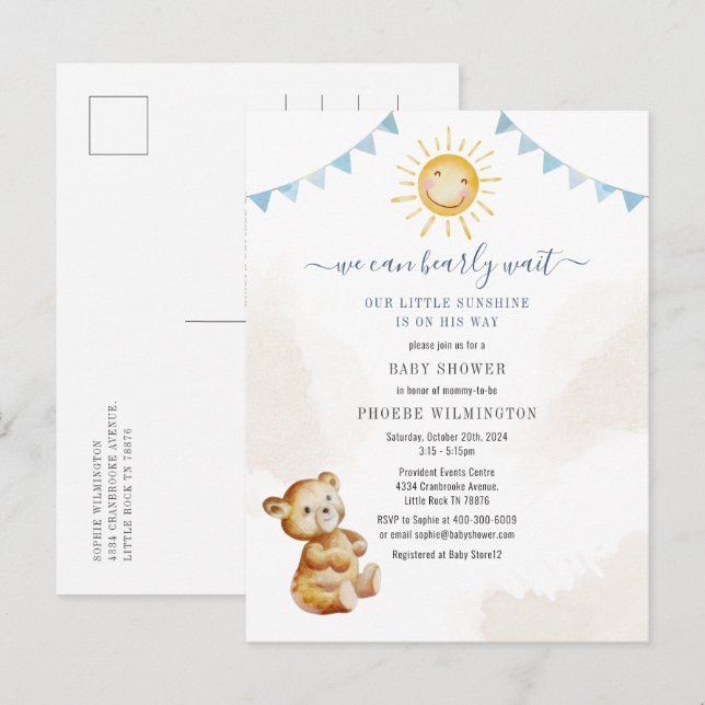 Bear and Sunshine Watercolor Boys Baby Shower Invitation Postcard (Front/Back)