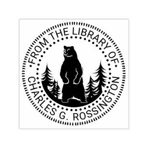 Bear and Trees Silhouette Round Library Book Name Self-inking Stamp