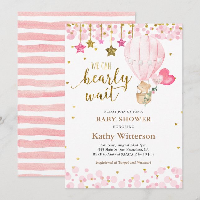 Bear and Twinkle Star Hot air Balloon Baby Shower  Invitation (Front/Back)