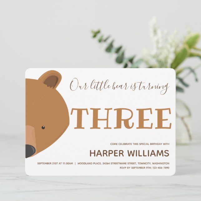 Bear Animal Kids 3rd Birthday Invitation (Standing Front)