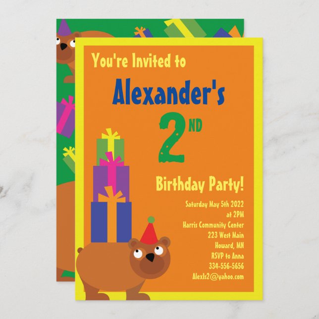 Bear Animal Kid's Birthday Party Invitations (Front/Back)