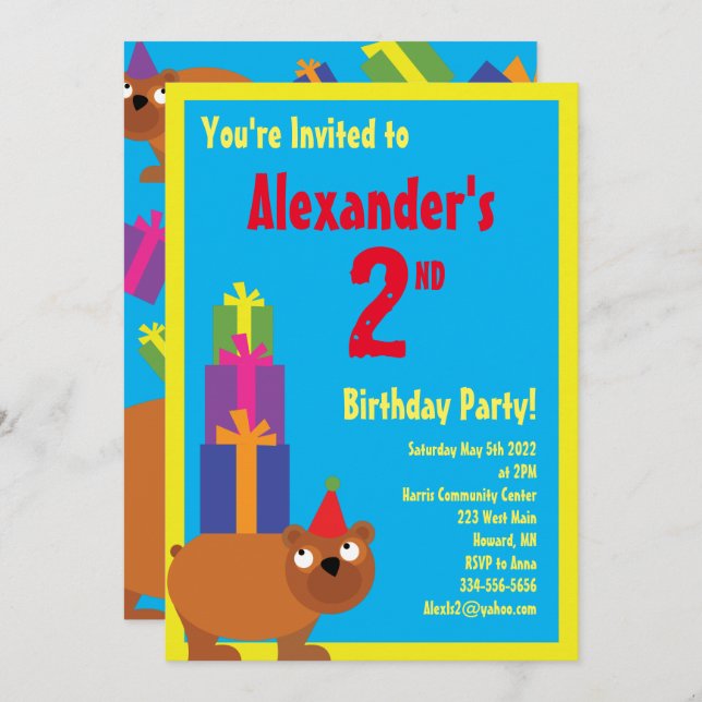 Bear Animal Kid's Birthday Party Invitations (Front/Back)