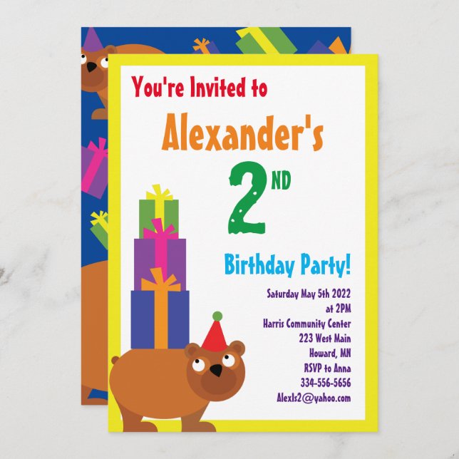 Bear Animal Kid's Birthday Party Invitations (Front/Back)