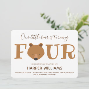 Bear Animal Kids Fourth Birthday Invitation
