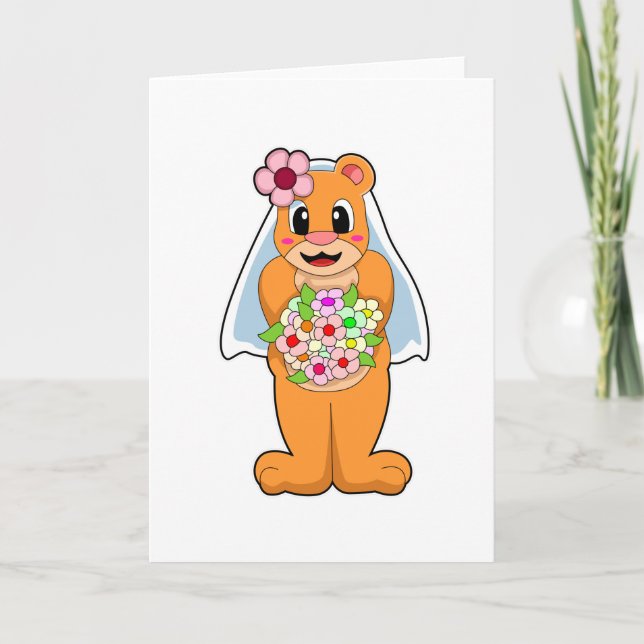 Bear as Bride with Flowers Card (Front)