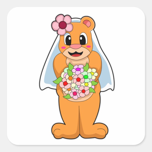 Bear as Bride with Flowers Square Sticker (Front)