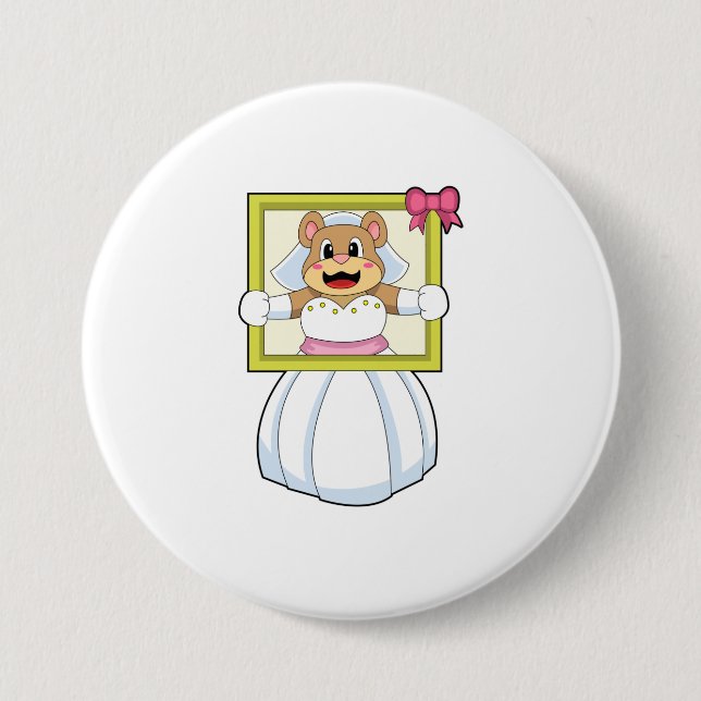 Bear as Bride with Wedding dress & Picture Frame.p 7.5 Cm Round Badge (Front)