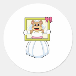 Bear as Bride with Wedding dress & Picture Frame.p Classic Round Sticker