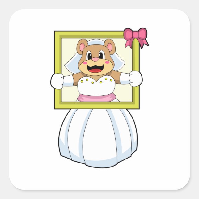 Bear as Bride with Wedding dress & Picture Frame.p Square Sticker (Front)