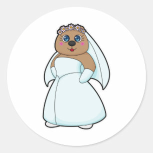 Bear as Bride with Wreath of Flowers Classic Round Sticker