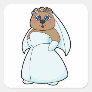 Bear as Bride with Wreath of Flowers Square Sticker