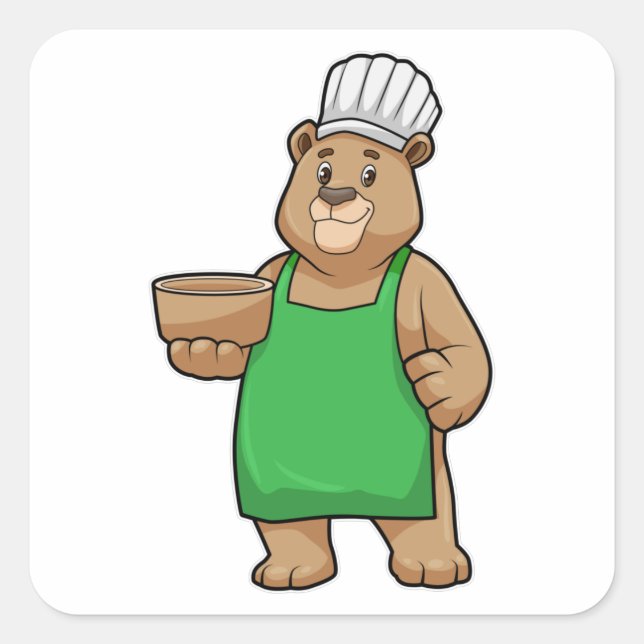 Bear as Cook with Cooking apron & Wooden bowl Square Sticker (Front)