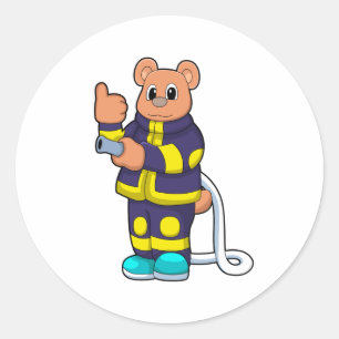 Bear as Firefighter at Fire department with Hose Classic Round Sticker