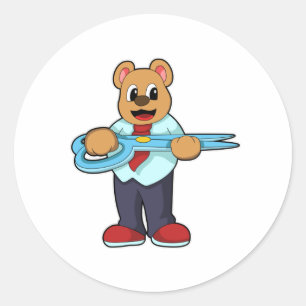 Bear as Hairdresser with Scissors Classic Round Sticker