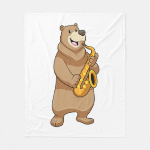 Bear as Musician with Saxophone Fleece Blanket