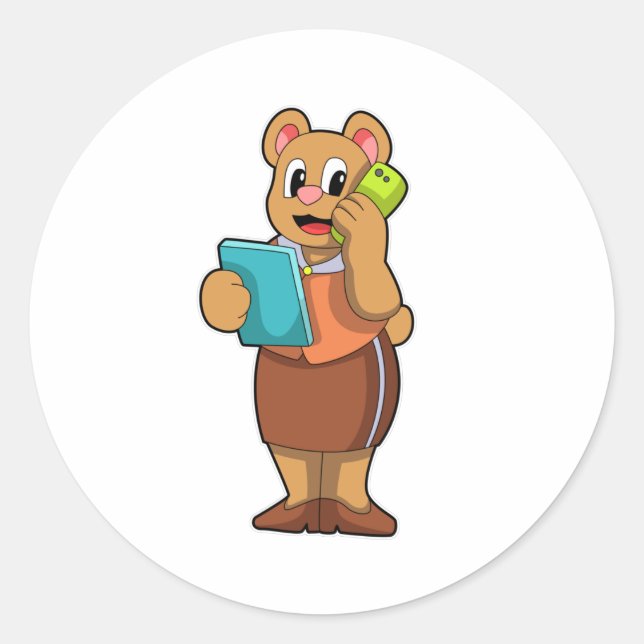 Bear as Secretary at Call with Phone Classic Round Sticker (Front)
