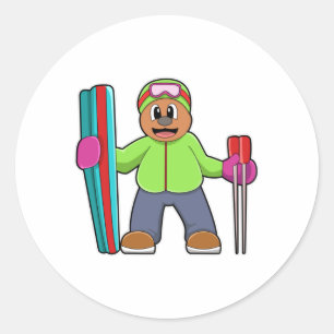 Bear as Skier with Ski & Ski poles Classic Round Sticker