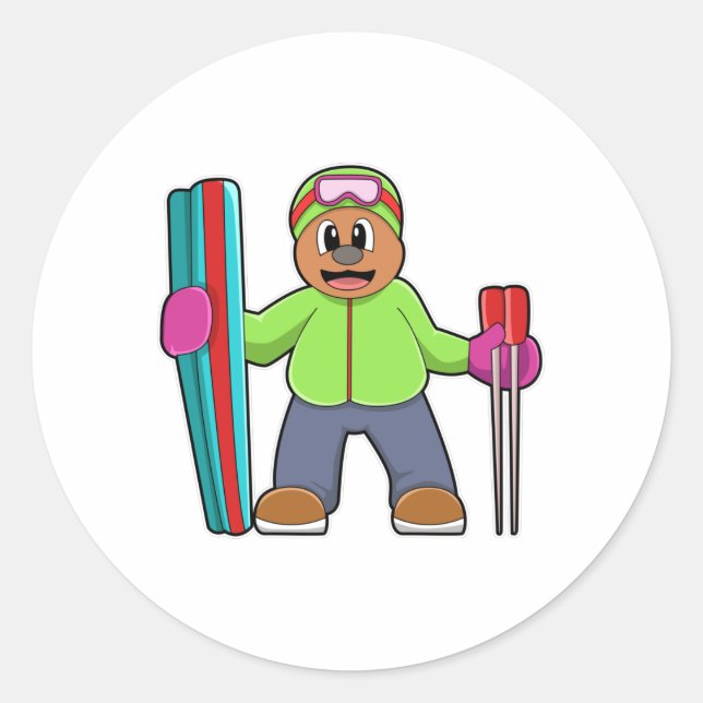 Bear as Skier with Ski & Ski poles Classic Round Sticker (Front)