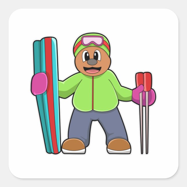 Bear as Skier with Ski & Ski poles Square Sticker (Front)
