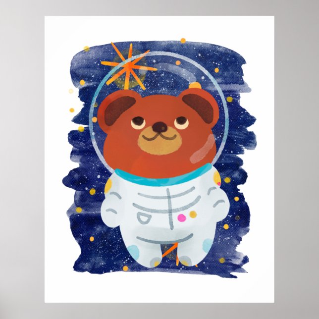 Bear Astronaut Floating Space Stars Watercolor Poster (Front)
