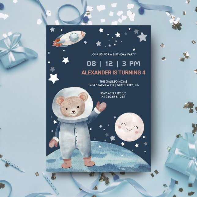 Bear Astronaut Space Rocket Birthday Invitation (Creator Uploaded)