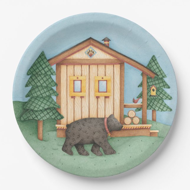 Bear at Cabin Paper Plate (Front)