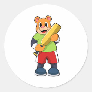 Bear at Cricket with Cricket bat Classic Round Sticker