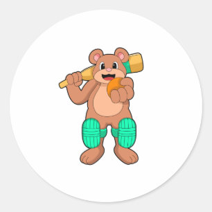 Bear at Cricket with Cricket bat Classic Round Sticker