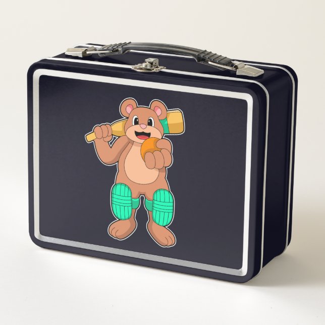 Bear at Cricket with Cricket bat Metal Lunch Box (Front)