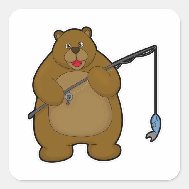 Bear at Fishing with Fishing rod & Fish Square Sticker (Front)