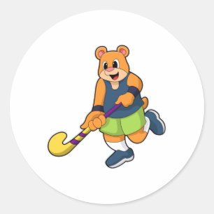 Bear at Hockey with Hockey bat Classic Round Sticker