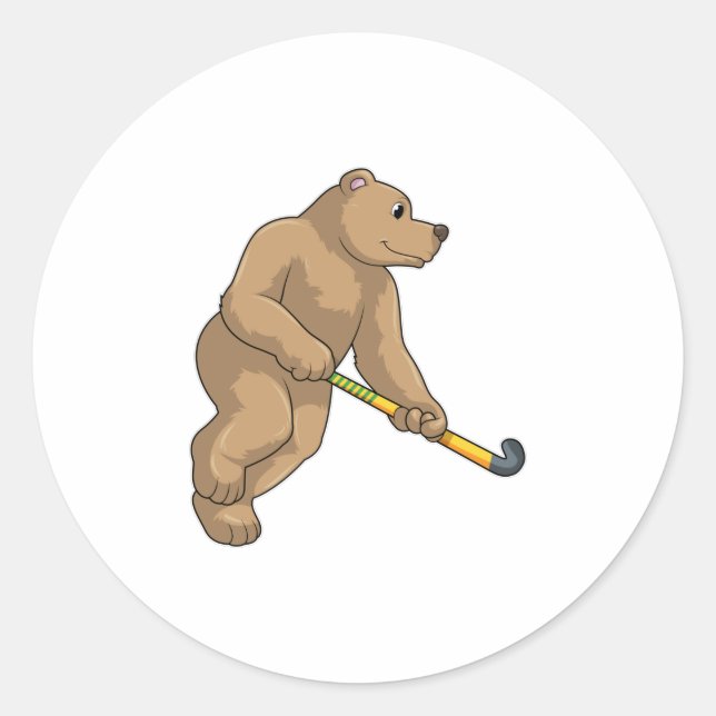 Bear at Hockey with Hockey bat Classic Round Sticker (Front)