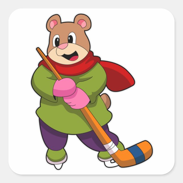 Bear at Ice hockey with Ice hockey stick Square Sticker (Front)