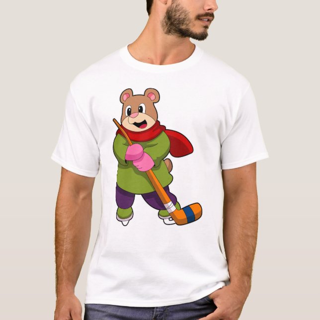 Bear at Ice hockey with Ice hockey stick T-Shirt (Front)