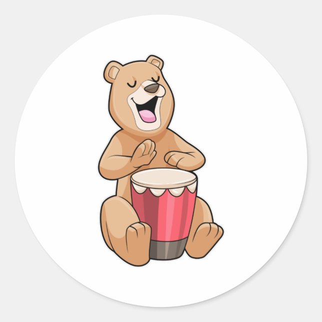 Bear at Music with Drum Classic Round Sticker (Front)