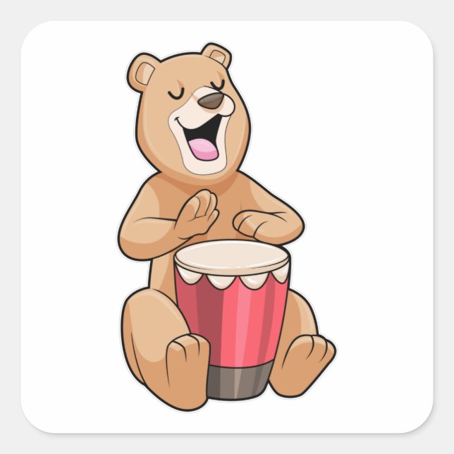 Bear at Music with Drum Square Sticker (Front)