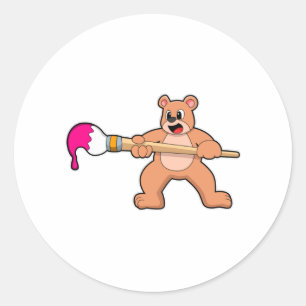 Bear at Painting with Brush & Paint Classic Round Sticker