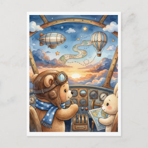 Bear Aviator Hot Air Balloon Sunset Adventure Flee Postcard