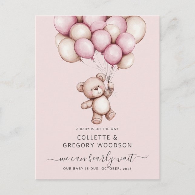 Bear Baby Girl Pink Budget Pregnancy Reveal Announcement Postcard (Front)