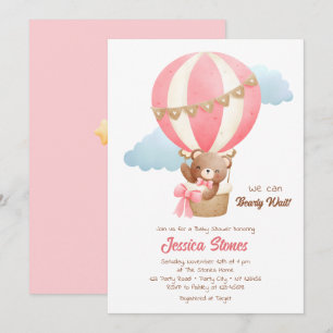 Bear Baby Girl Shower Invitations Hot Air Balloons