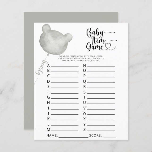Bear Baby Item Game. Baby Shower Game (Front/Back)