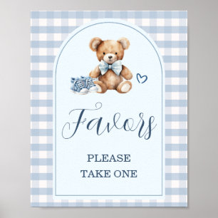 Bear Baby Shoes Blue Gingham Baby Shower Favours Poster