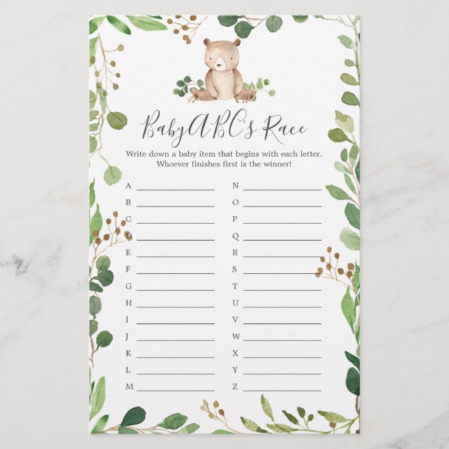 Bear Baby Shower ABC's Race Game (Front)