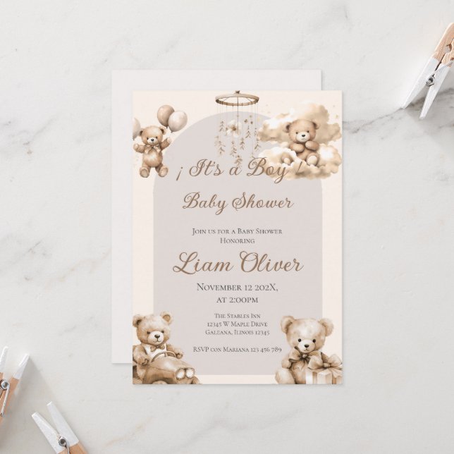  Bear Baby Shower Boy invitation (Front/Back In Situ)