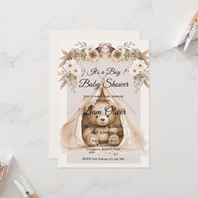  Bear Baby Shower Boy invitation (Front/Back In Situ)