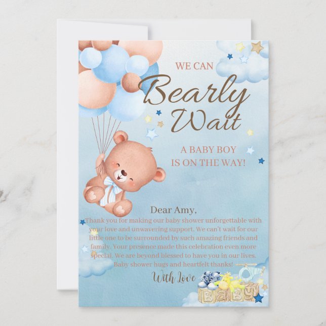Bear Baby Shower Boy Thank You Card (Front)
