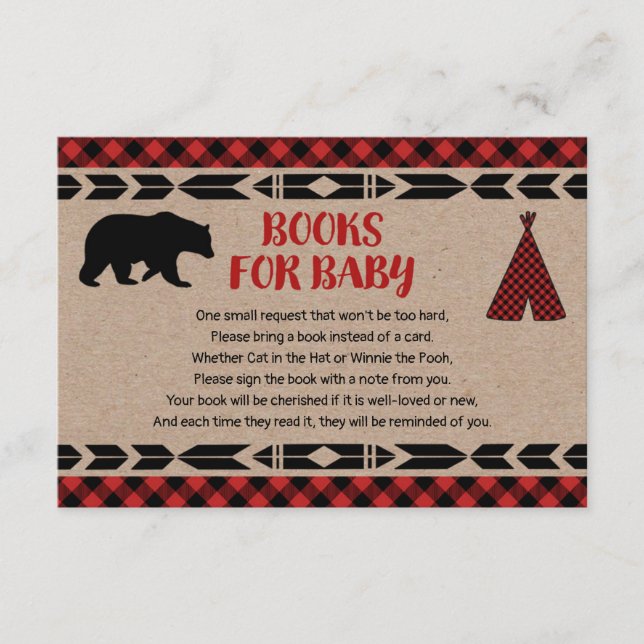 Bear baby shower buffalo plaid kraft book request enclosure card (Front)