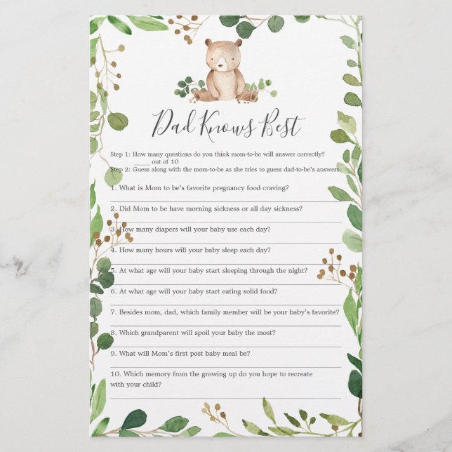 Bear Baby Shower Dad Knows Best Game (Front)