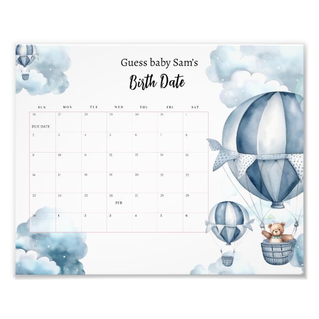 Bear Baby Shower Due Date Calendar Baby Shower  Photo Print (Front)