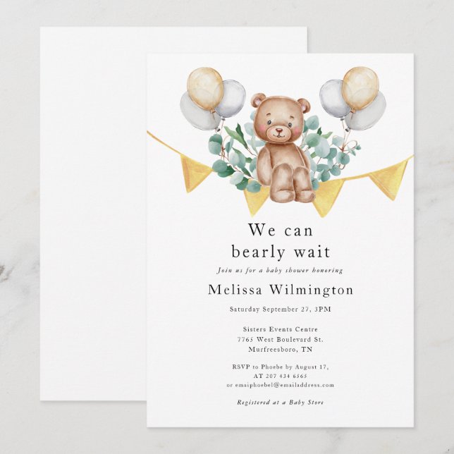 Bear Baby Shower Eucalyptus Woodland Animal Invitation (Front/Back)